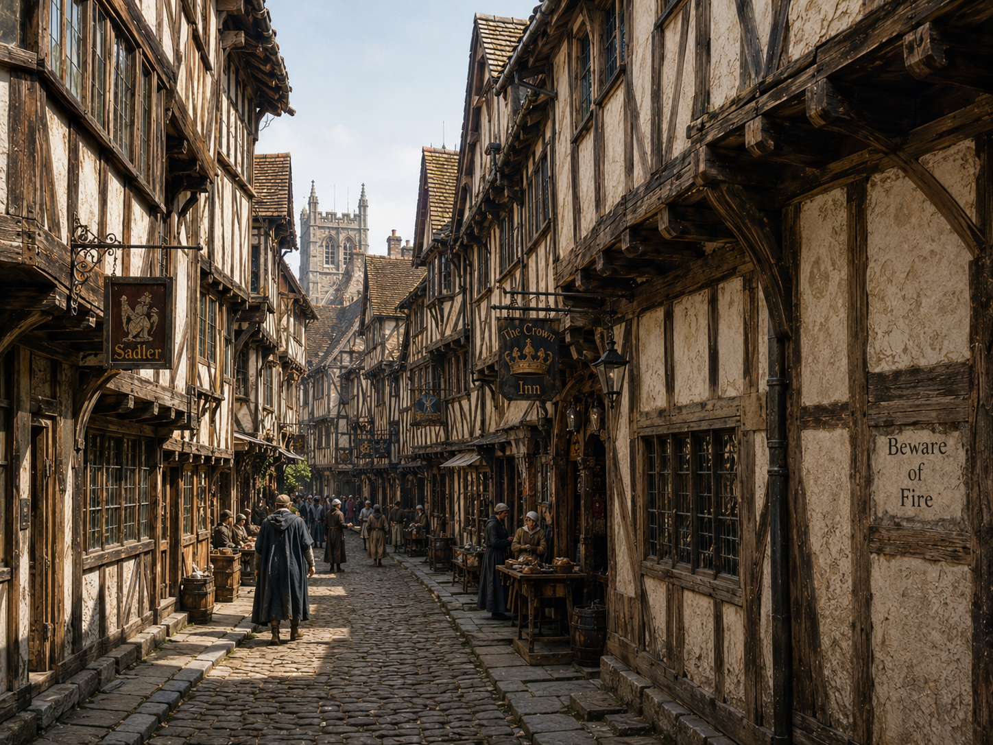 A densely built medieval English street shows timber-framed houses with projecting upper floors standing close together.