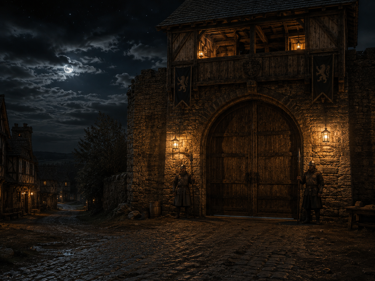 Two medieval watchmen guard a closed town gate at night under lantern light.