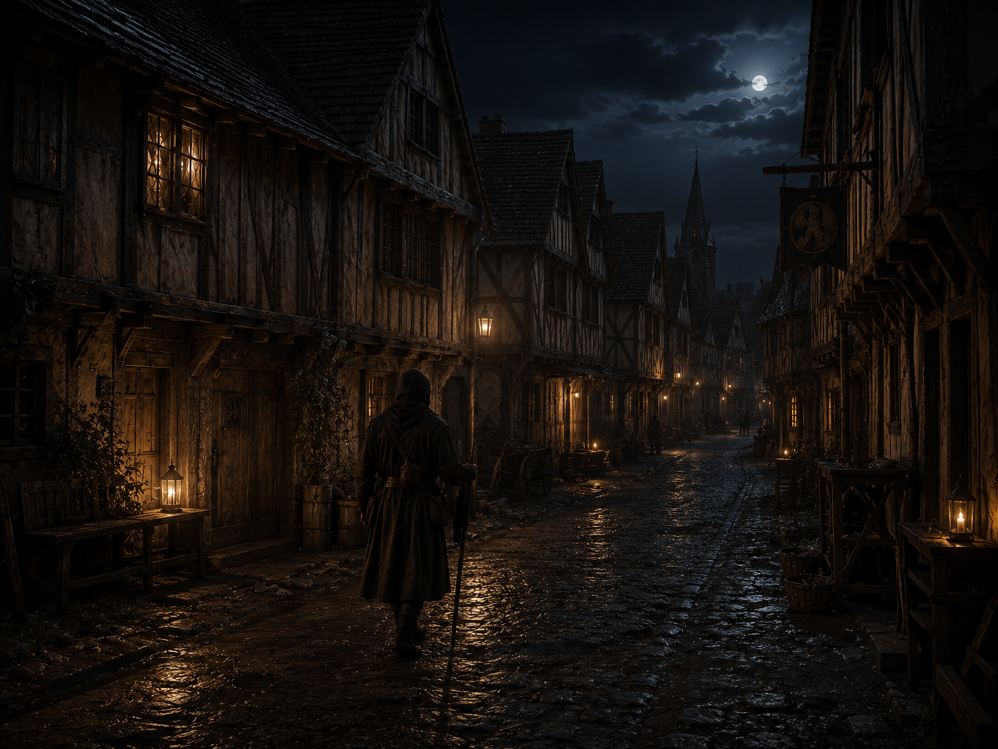 A quiet medieval town street is illuminated by small lanterns while a watchman patrols after the gates have closed.