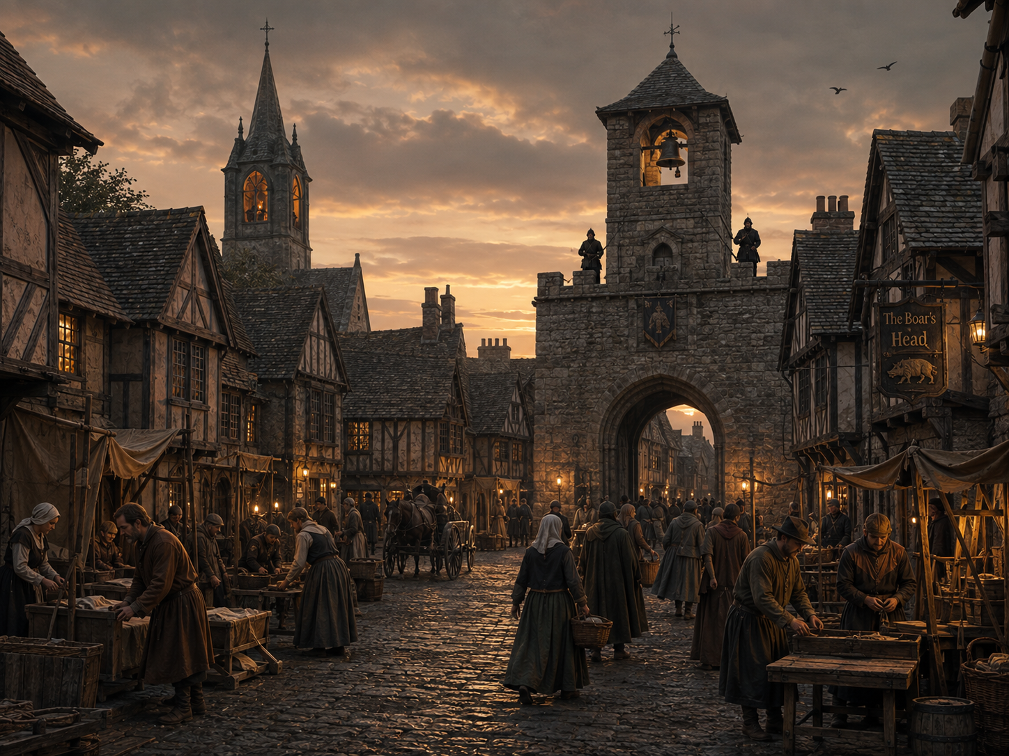 A medieval town transitions into evening as a bell rings and townspeople finish their day's activities.