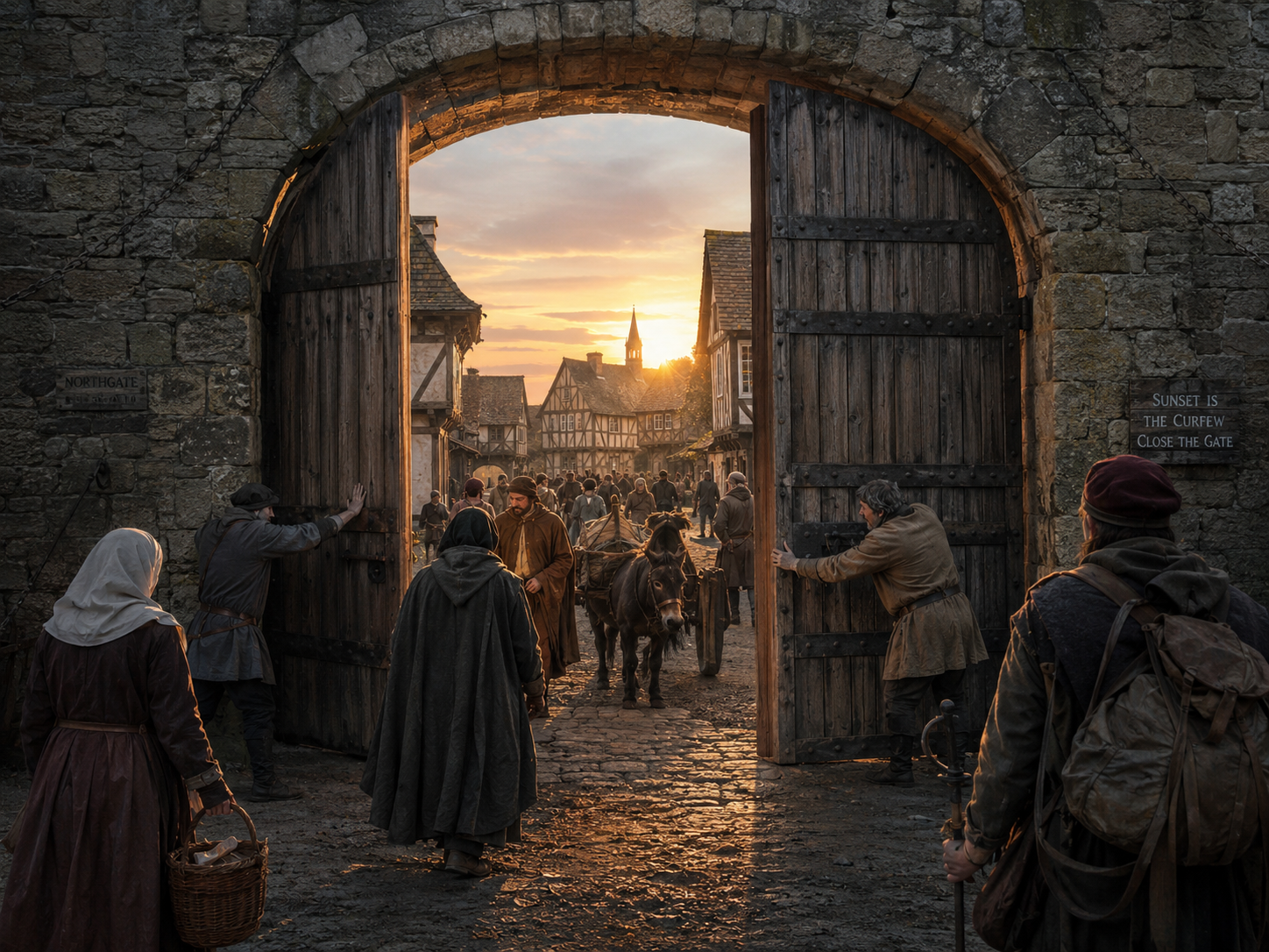 A medieval town gate closes at sunset as townspeople hurry inside and late travelers remain outside.