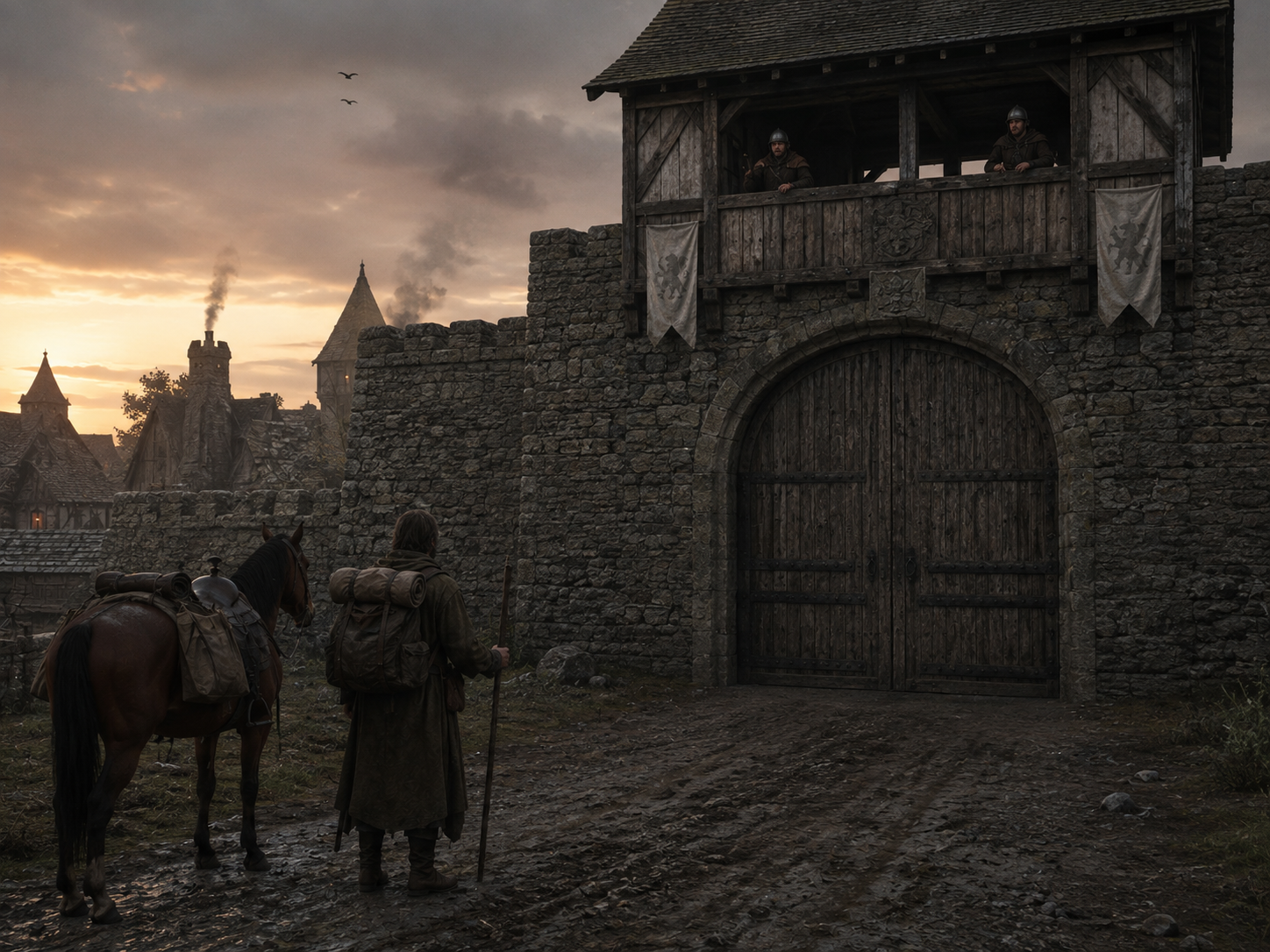 A late medieval traveler stands outside a closed town gate while watchmen observe from the gatehouse.