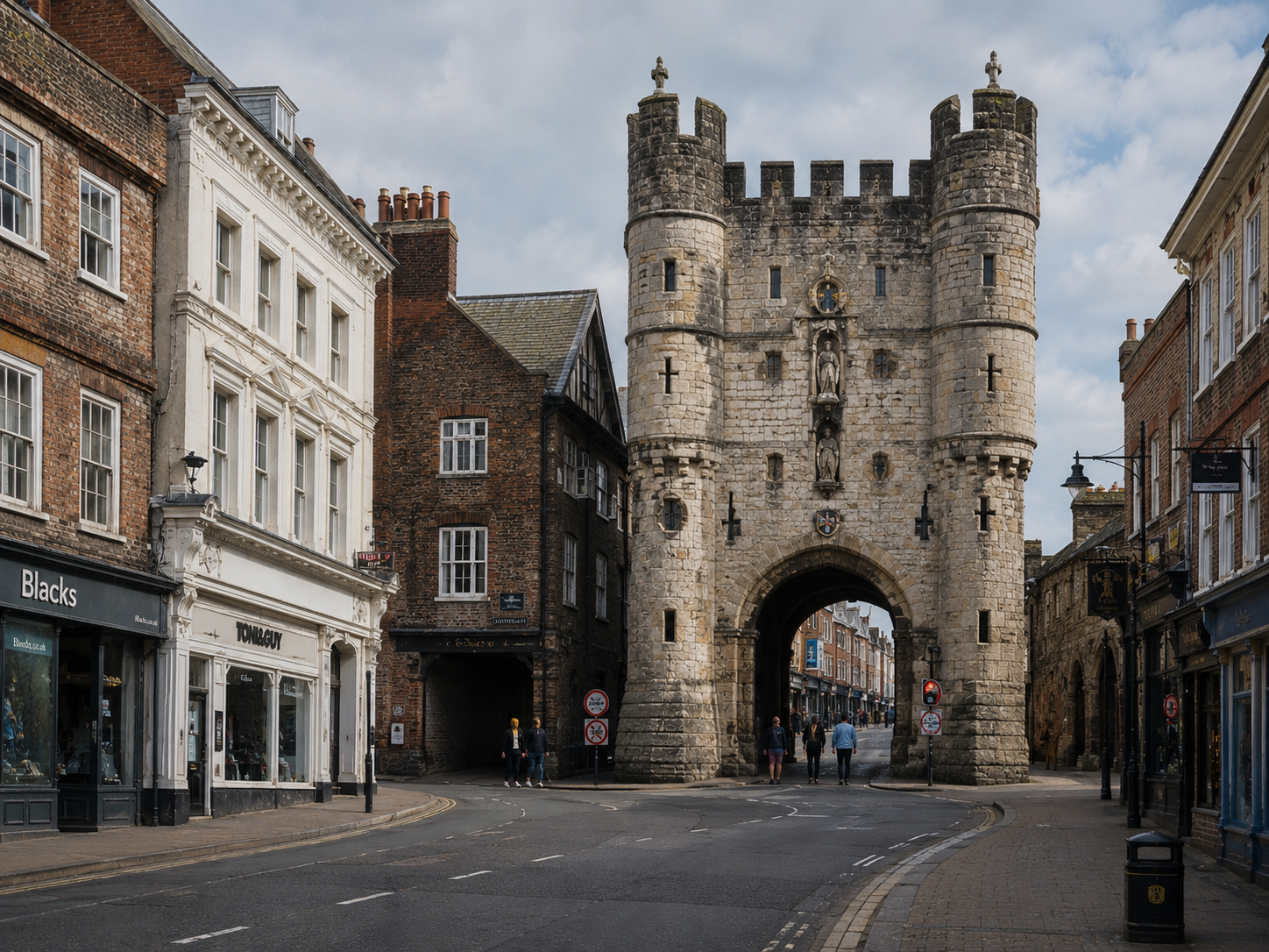 A surviving medieval gatehouse stands beside later urban buildings, showing the transition from fortified town to expanding city.