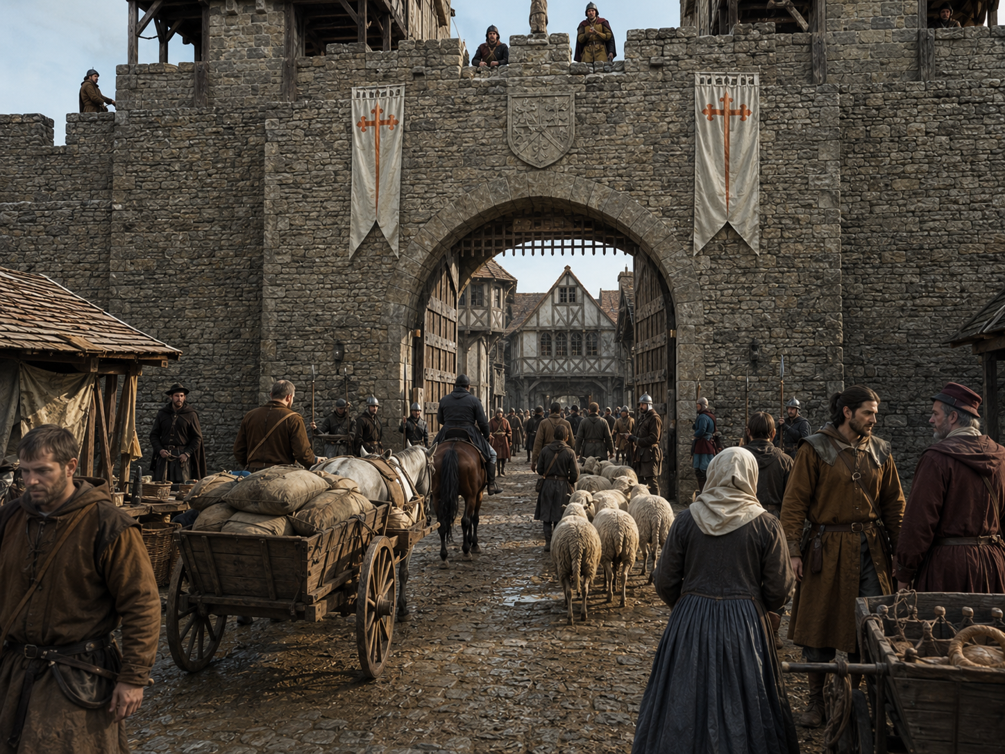 Merchants, travelers and townspeople pass through a medieval town gate while officials monitor movement.