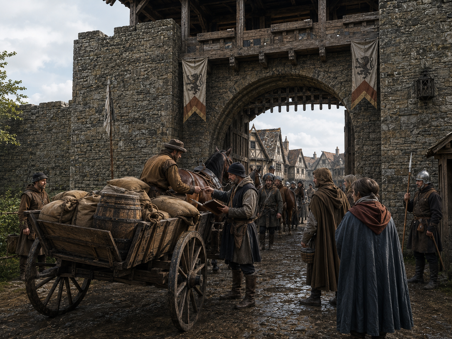 A medieval toll collector examines a merchant cart as it passes through a fortified town gate.