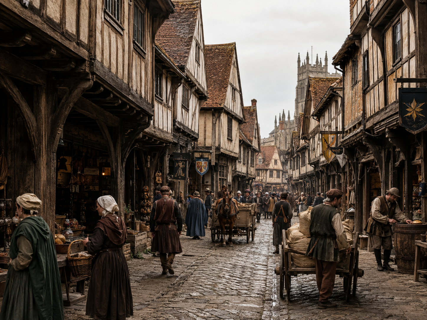 A crowded late-medieval English street lined with closely packed timber-framed houses and projecting upper floors.