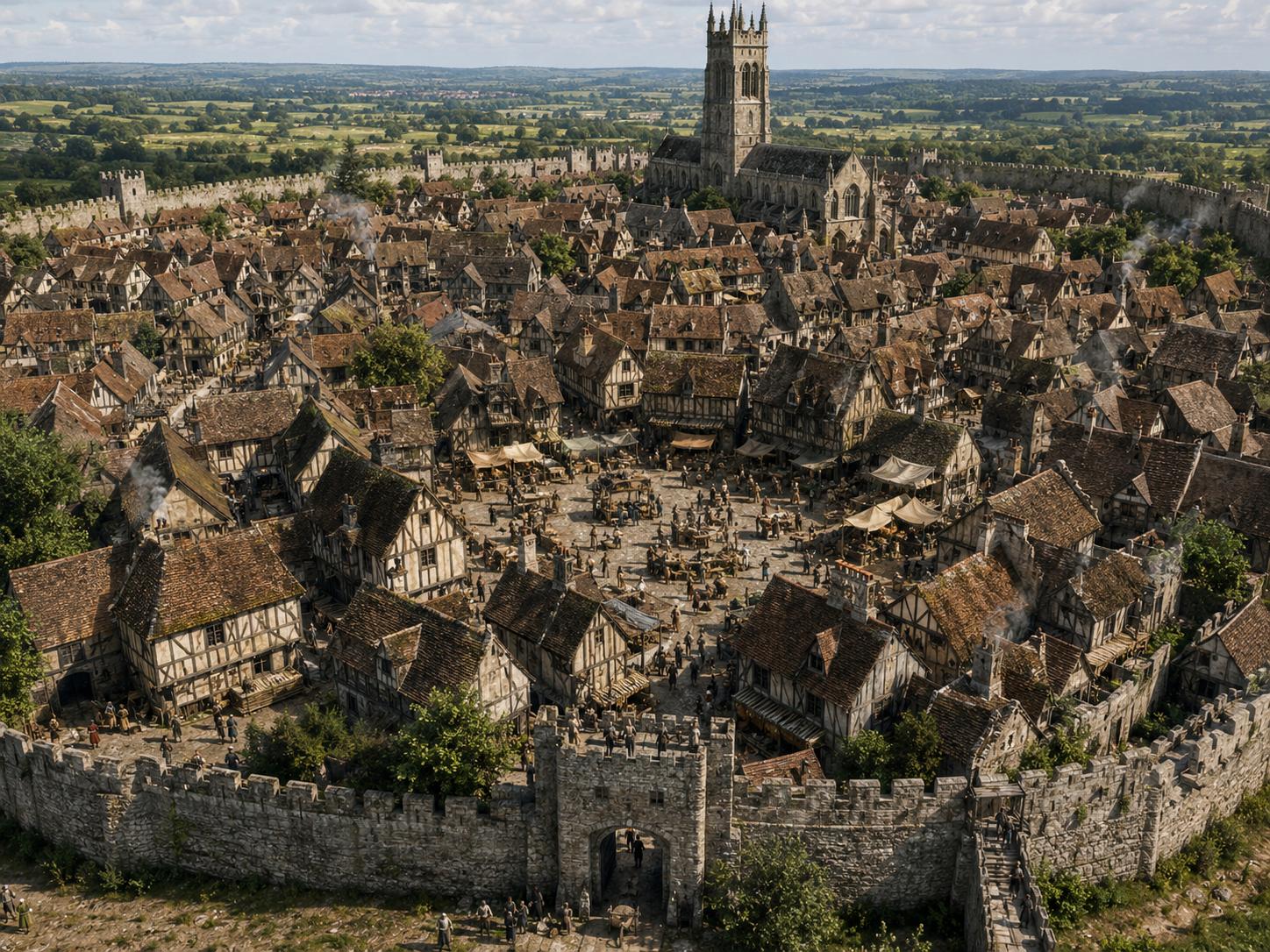 A growing medieval English town contains tightly packed houses and narrow streets within its defensive walls.