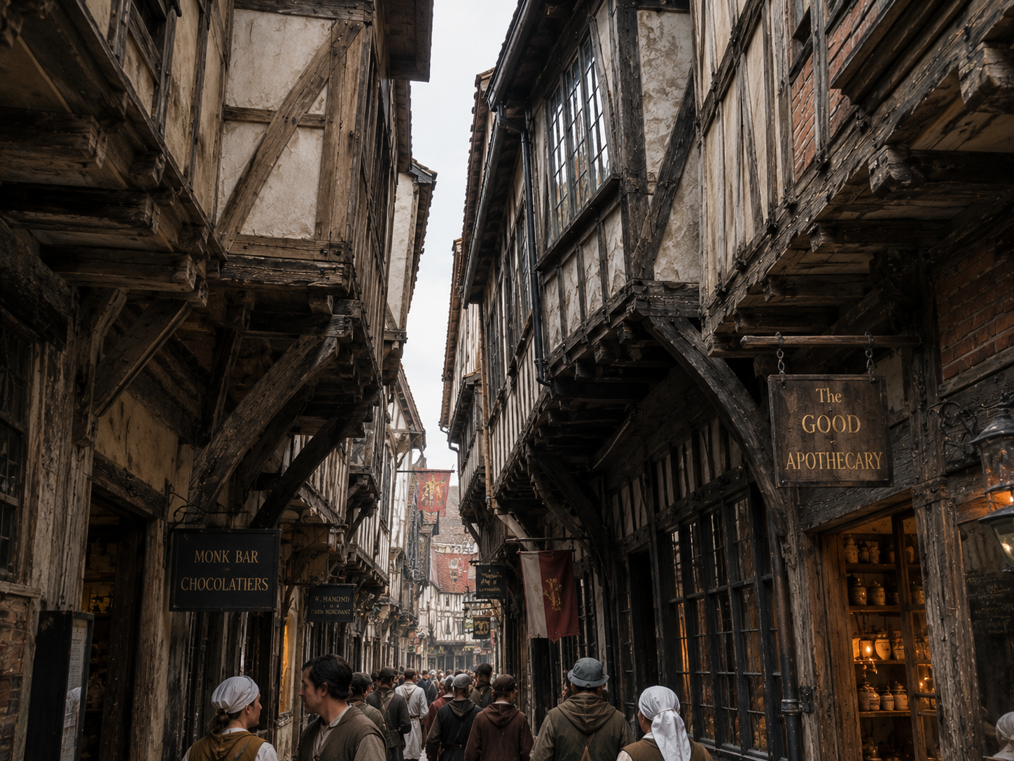 Projecting timber-framed upper floors appear to reach toward one another above a narrow medieval street.