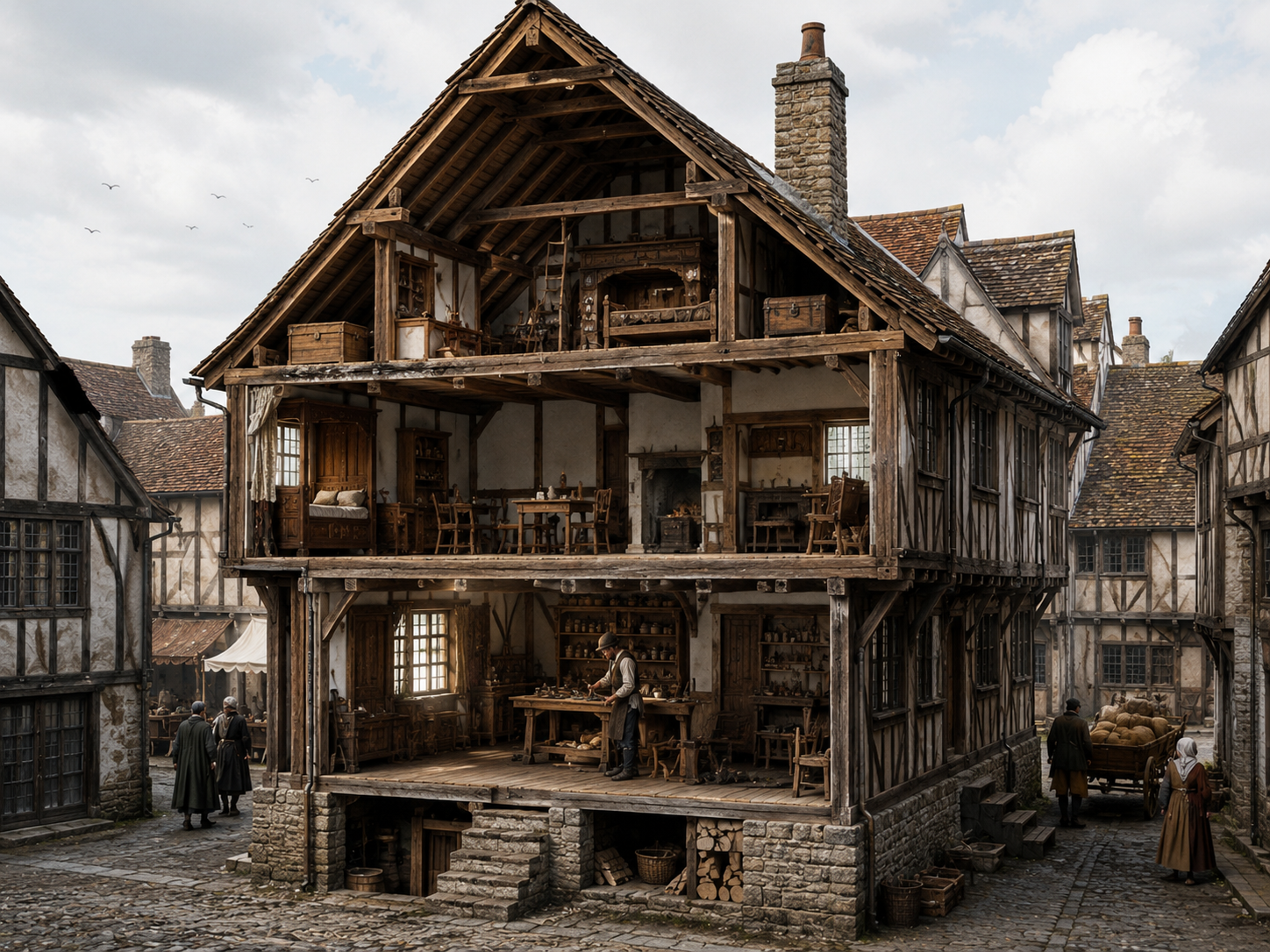 A narrow medieval house uses its ground floor for work and upper floors for living space, with a projecting jettied floor above the street.