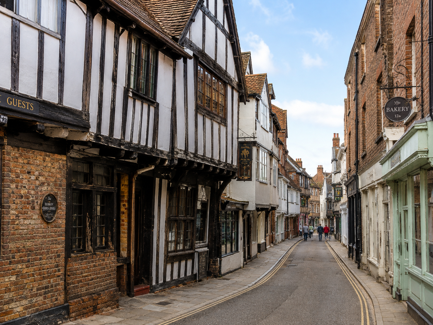 A historic English street preserves a medieval pattern of closely spaced buildings alongside later brick and stone structures.