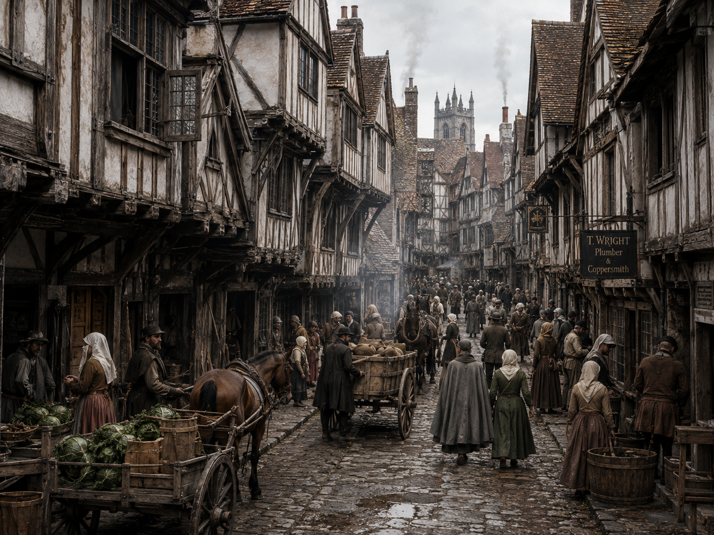 A densely built medieval street shows timber houses, narrow passageways, carts and pedestrians sharing limited urban space.