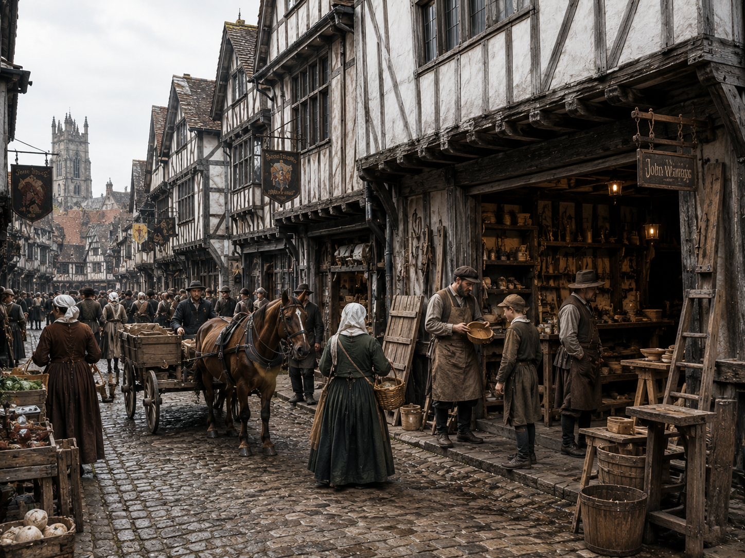 A medieval craftsman's workshop and shop operate directly beside a busy street beneath closely packed upper floors.