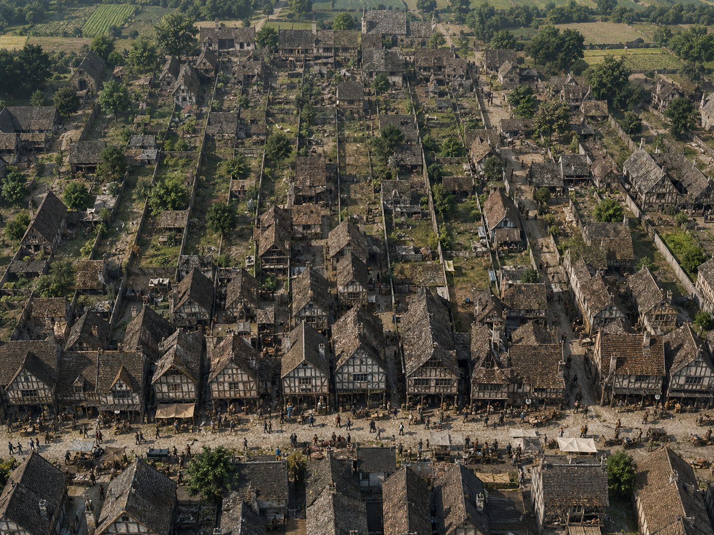 Narrow medieval property plots extend backward from a busy street, with tightly packed houses occupying the valuable street frontage.