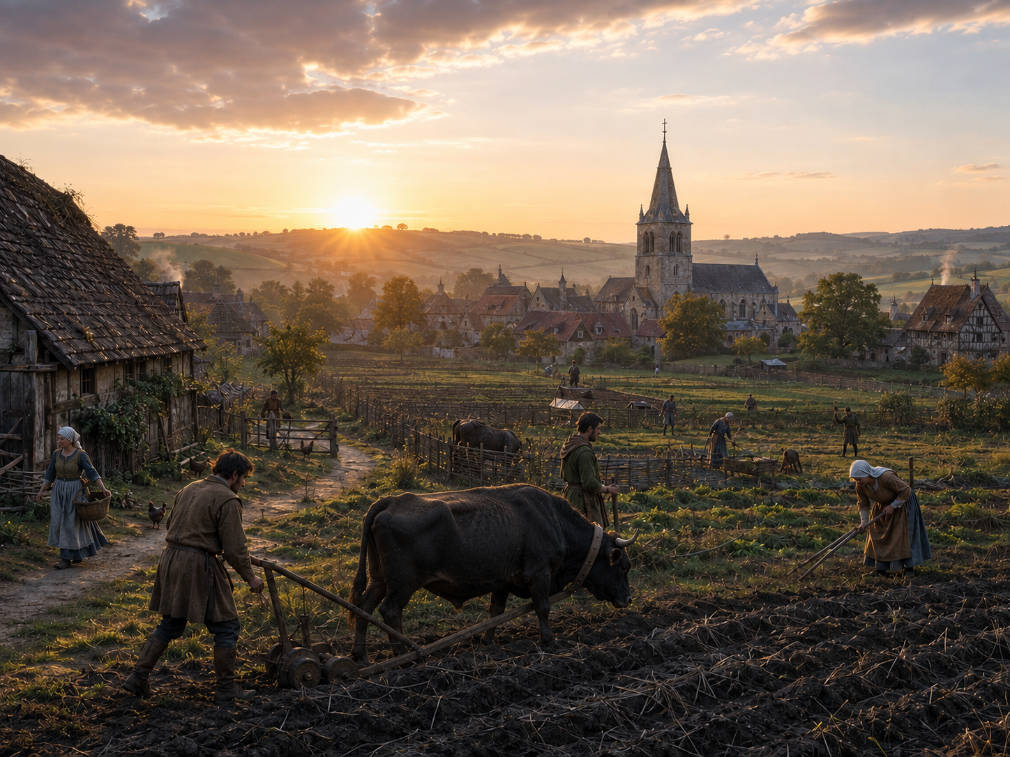 Medieval villagers begin their day's work at sunrise while a church tower stands in the distance.