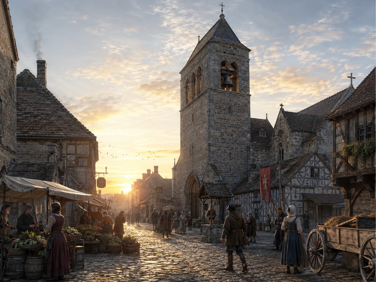 A medieval European town begins its day as a church bell rings from a stone tower at dawn.