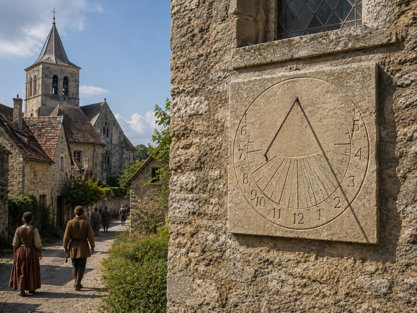 A medieval-style sundial casts a shadow across hour markings on the wall of a church.