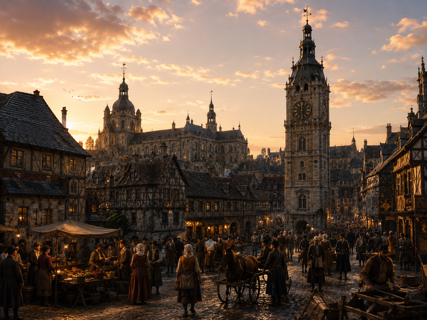 A public clock tower marks time over a European town as medieval communal timekeeping gives way to more precise mechanical time.