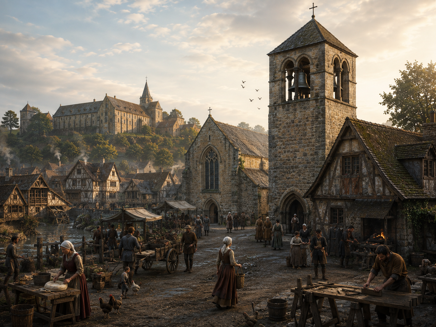 A medieval church bell rings over a town while villagers and craftsmen hear it during their daily activities.