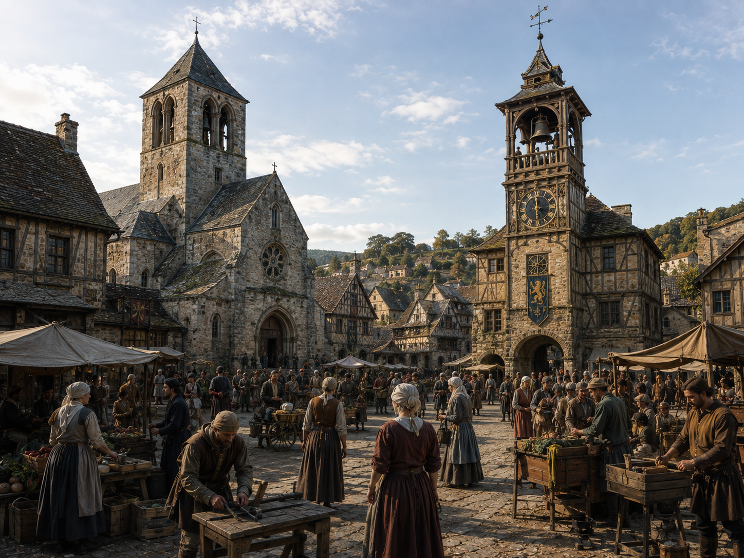 A medieval town uses both traditional bells and a mechanical clock tower to organize public activity.