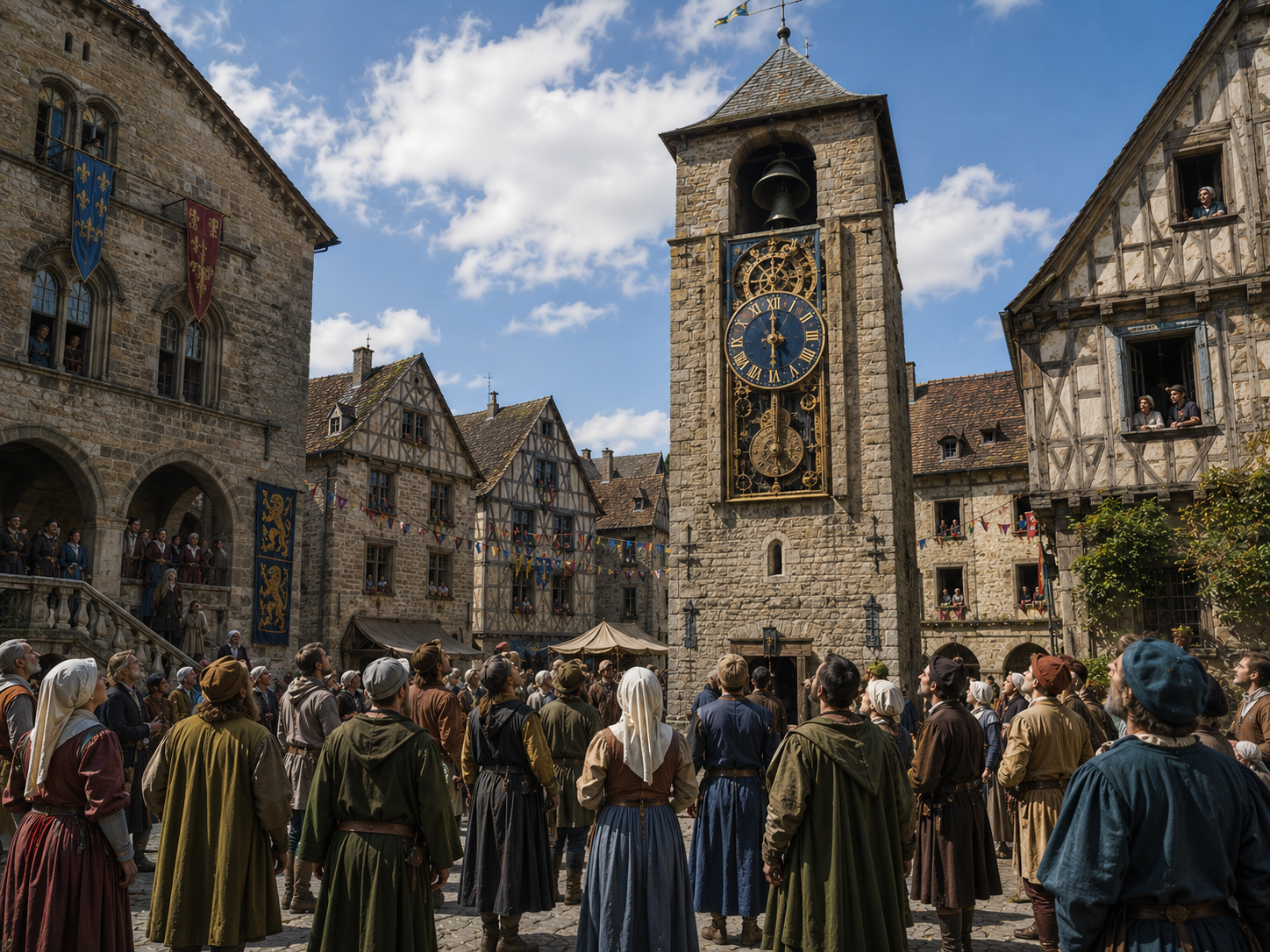 A medieval town watches a newly installed mechanical clock tower as its bell marks the time.
