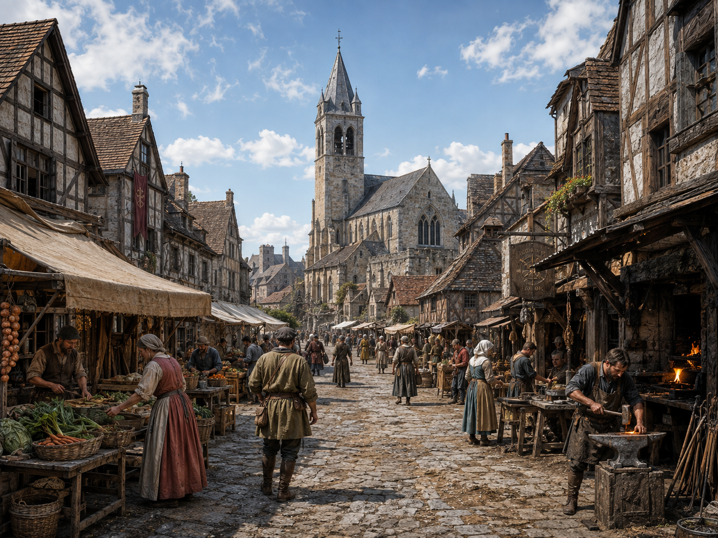 Merchants and craftsmen follow the shared daily rhythm of a medieval town as morning progresses toward midday.