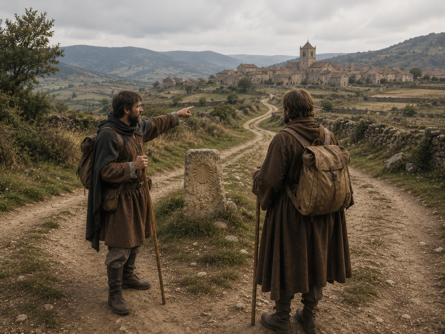 A medieval traveler receives help after becoming unsure which road to follow.