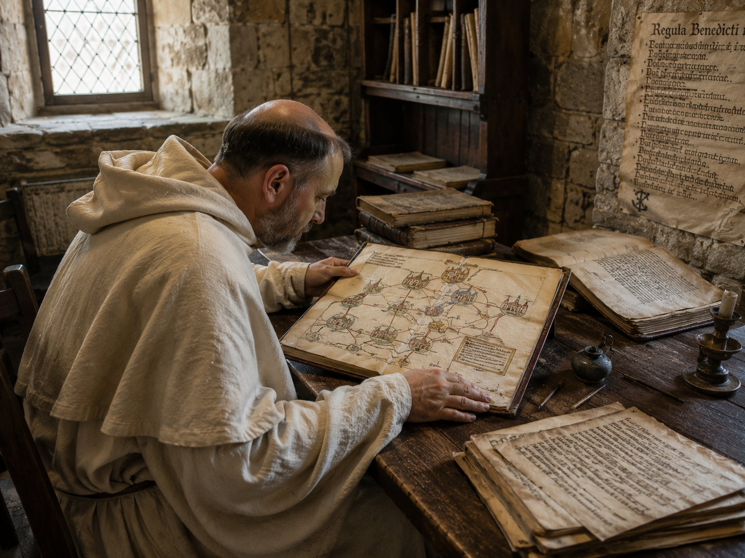 A medieval monk studies a manuscript itinerary showing a route between distant places.