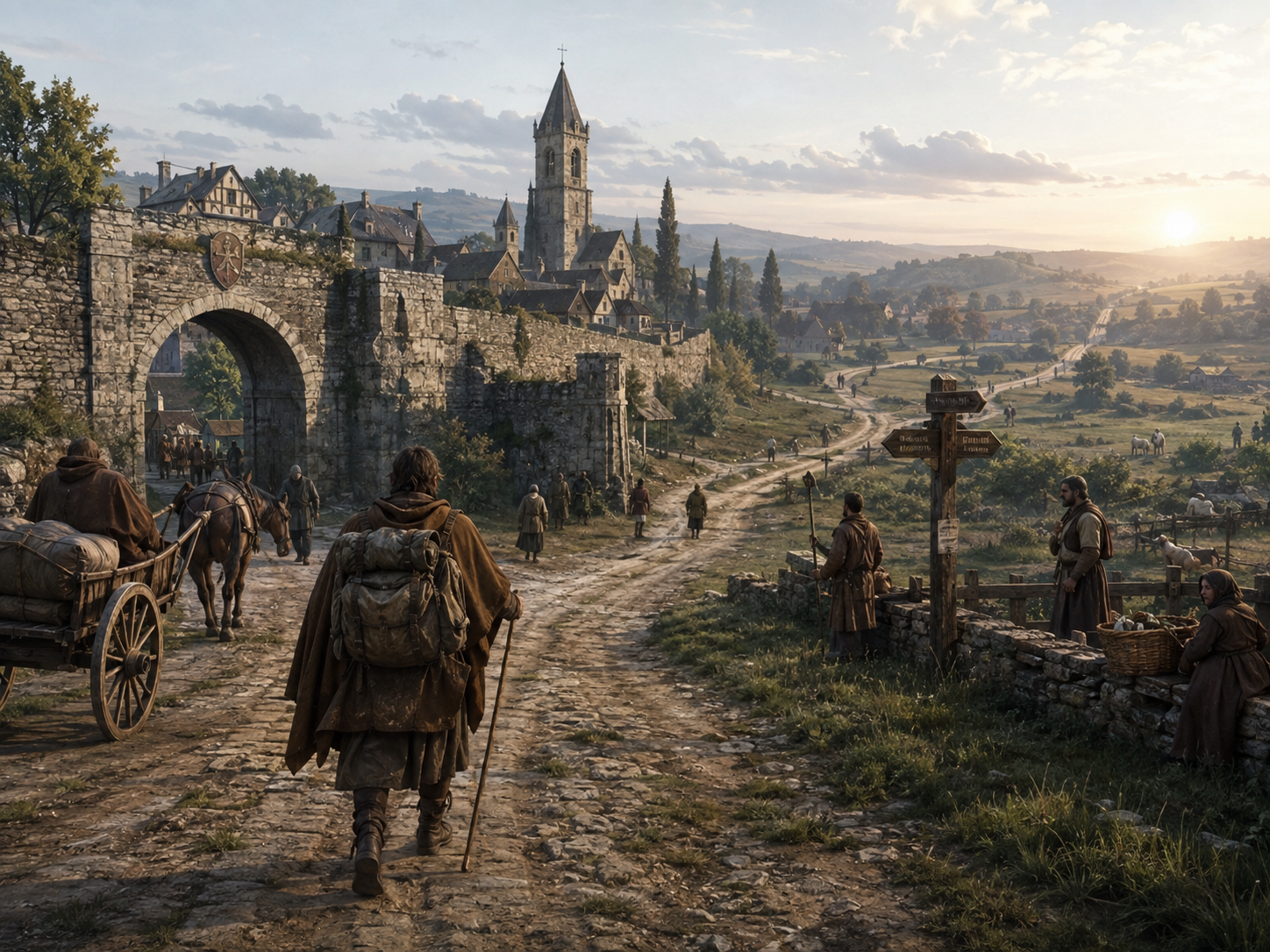 A medieval traveler leaves a walled town and follows a road toward distant hills using the landscape as a guide.