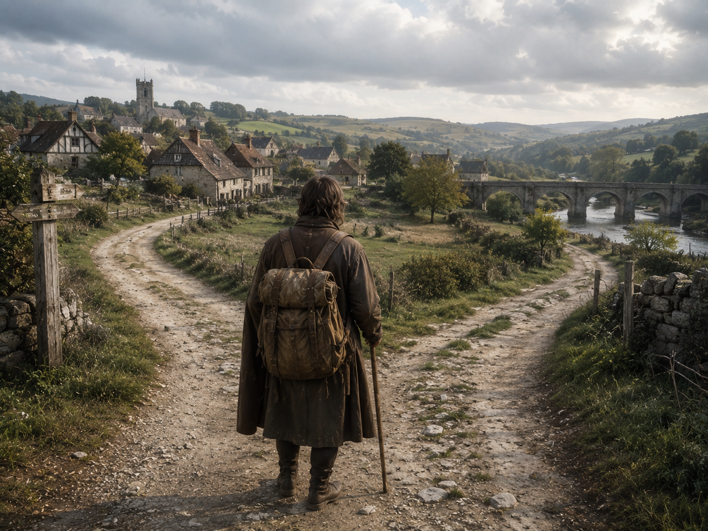 A medieval traveler decides which road to take at a rural crossroads.