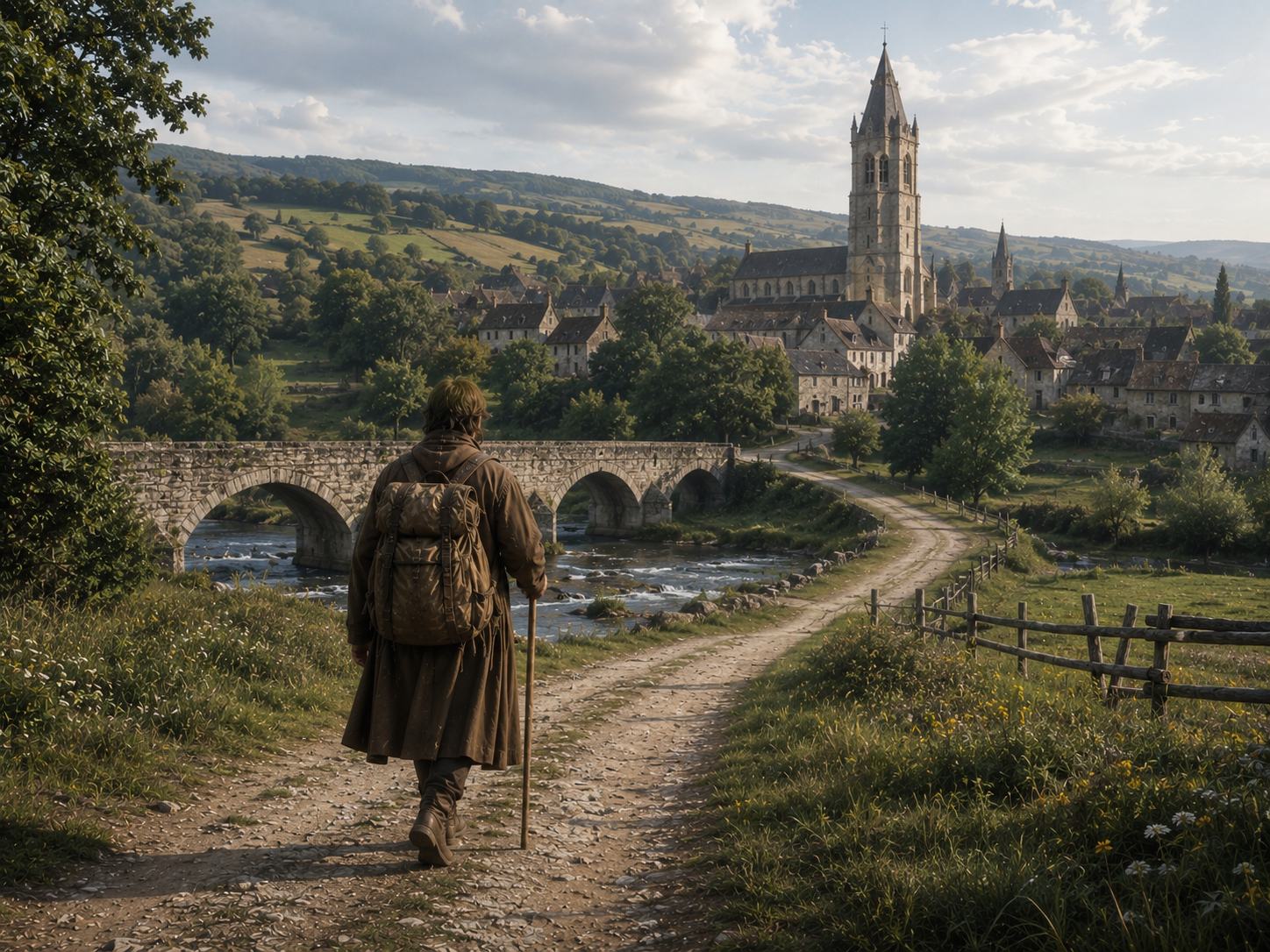 A medieval traveler uses a church tower, river and bridge as landmarks while following a road.