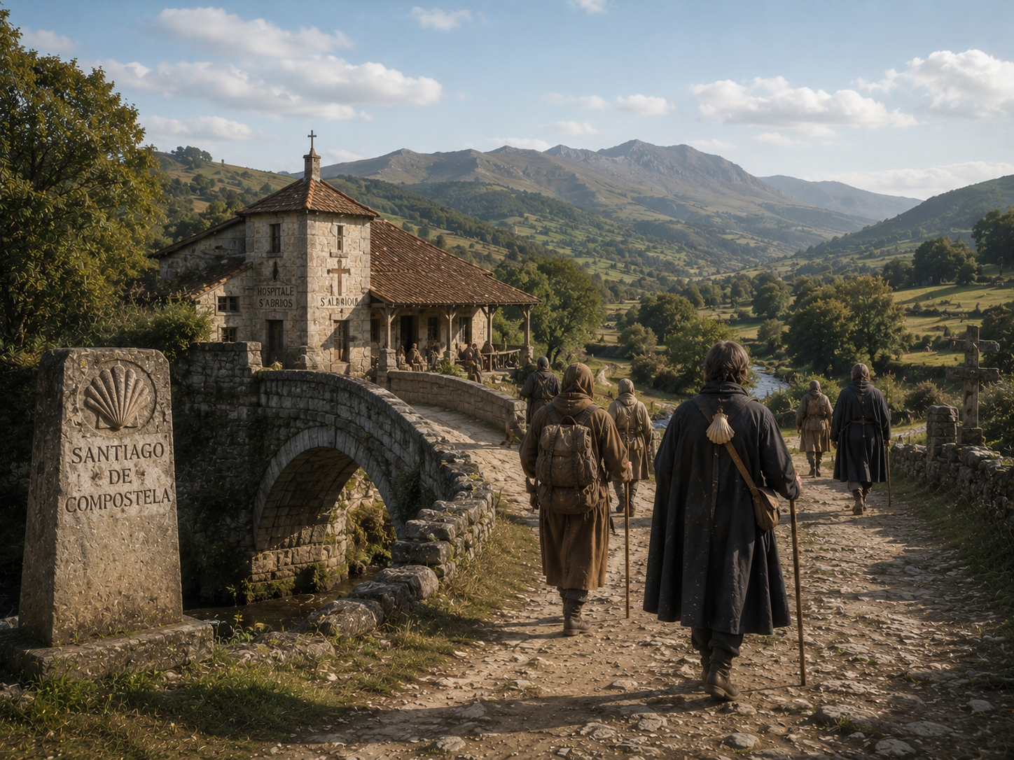 Medieval pilgrims travel along a long route divided into recognizable stages and stopping places.