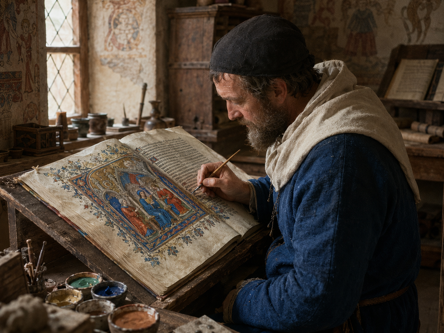 A medieval artist carefully paints a detailed manuscript miniature in a workshop.