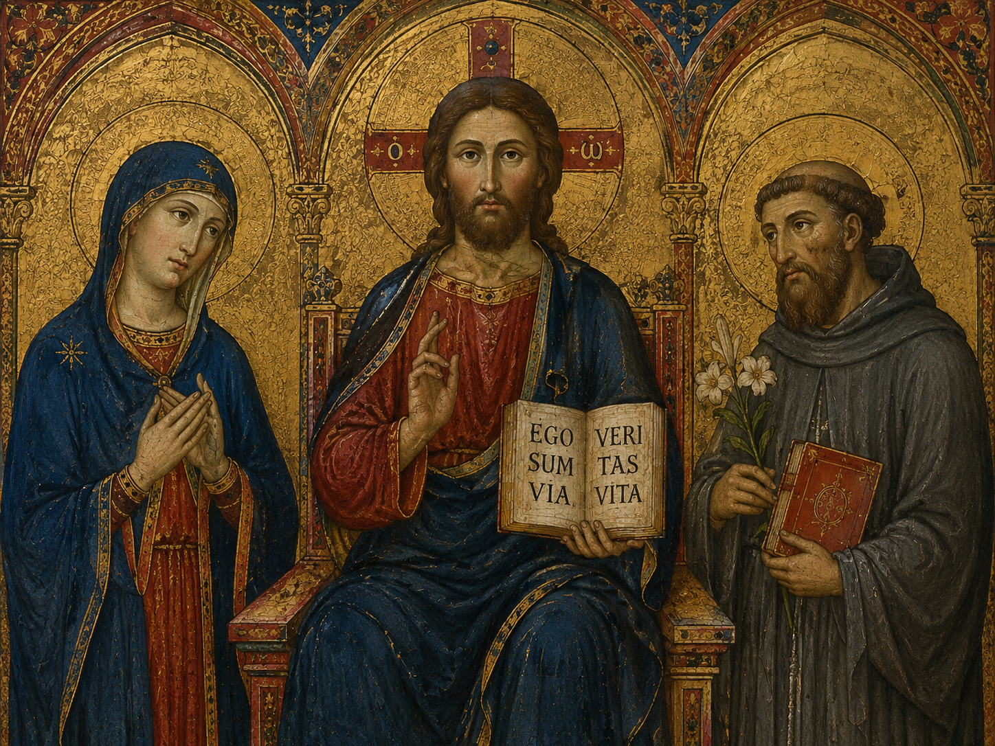 Medieval religious figures are identified by halos, clothing, poses and other visual symbols.