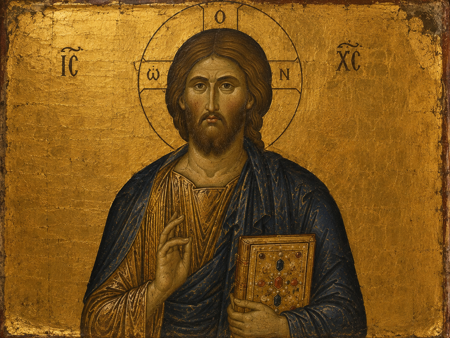 A Byzantine-style medieval holy figure is shown against a luminous gold background rather than a realistic landscape.