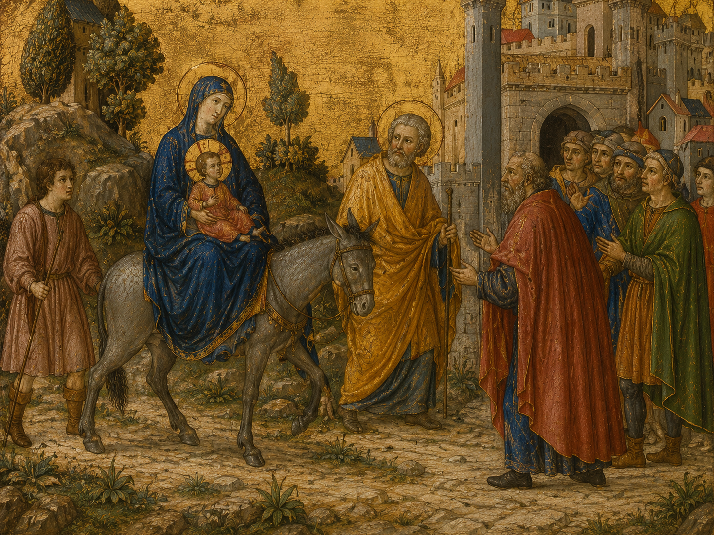 Medieval figures stand in clear, deliberate poses that make each person and action easy to understand.