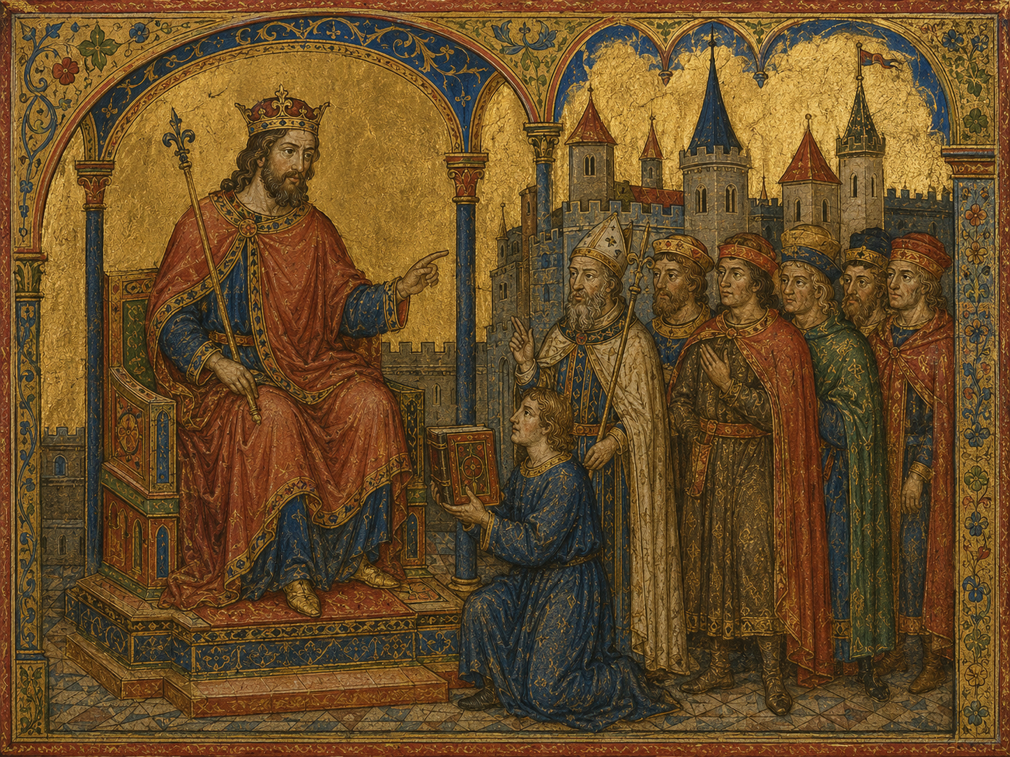 A medieval ruler is painted larger than attendants to show his greater importance.