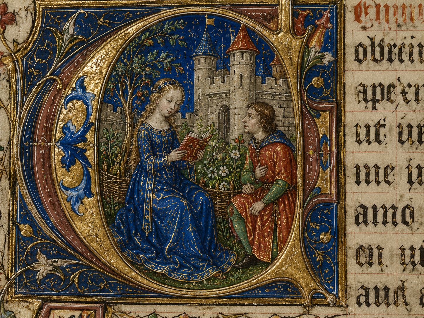 Close view of a medieval manuscript revealing careful detail in faces, clothing, objects and architecture.