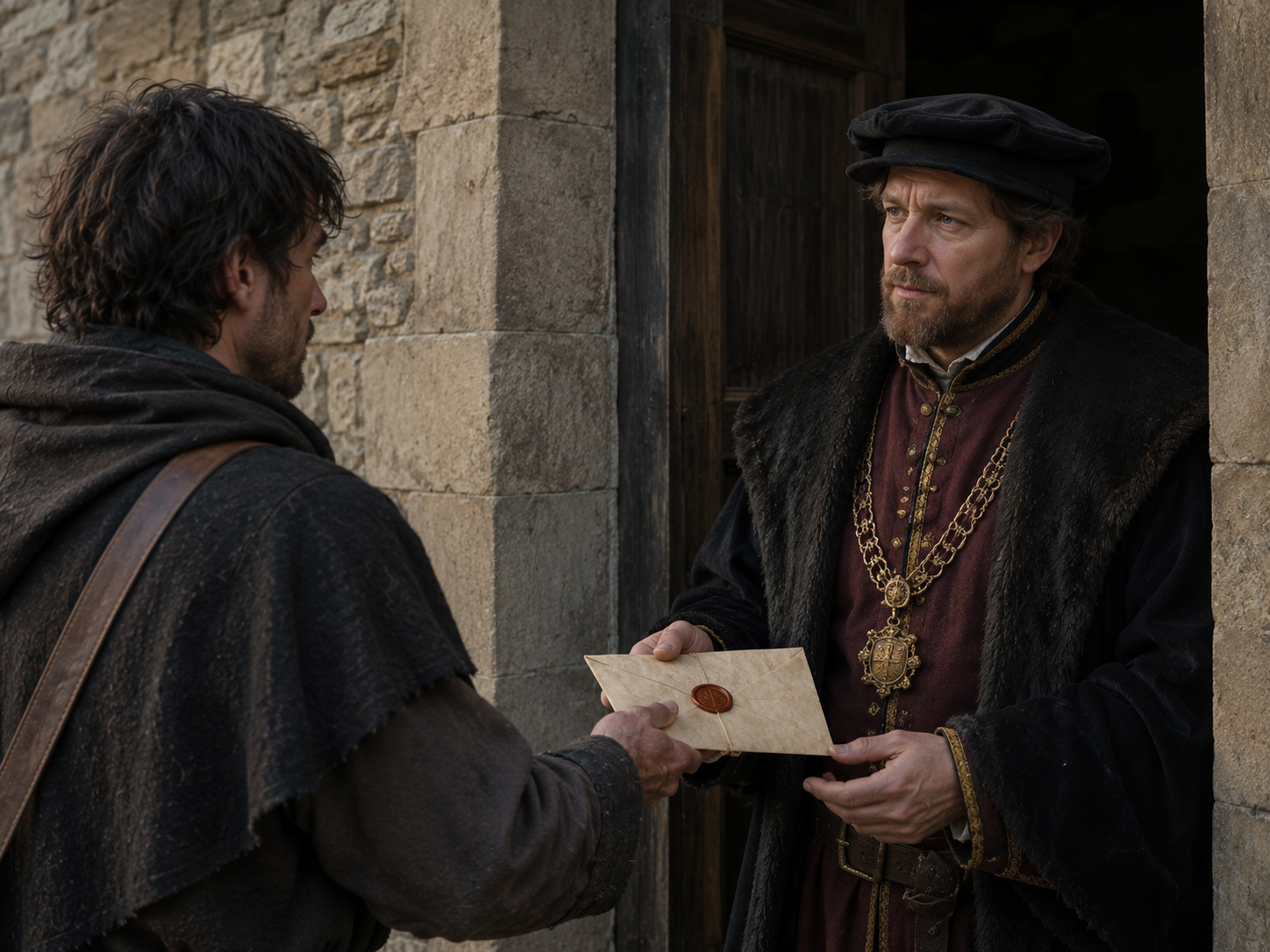 A medieval messenger hands a sealed letter to an official at a stone building.