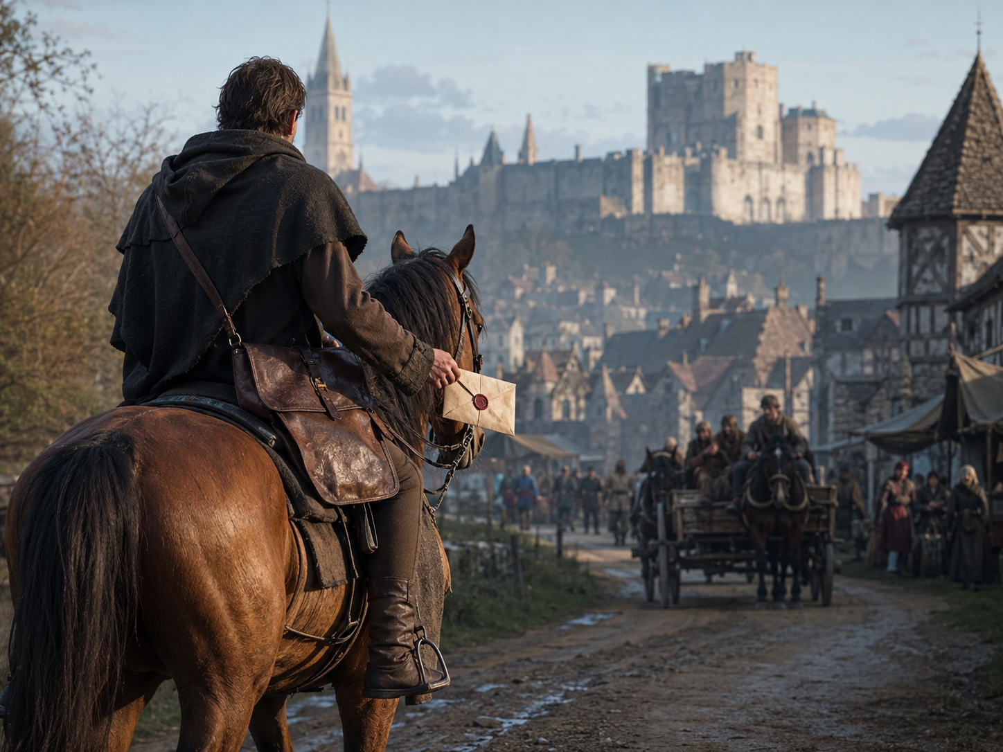 A medieval messenger carries a sealed letter on horseback along a road toward a distant town.