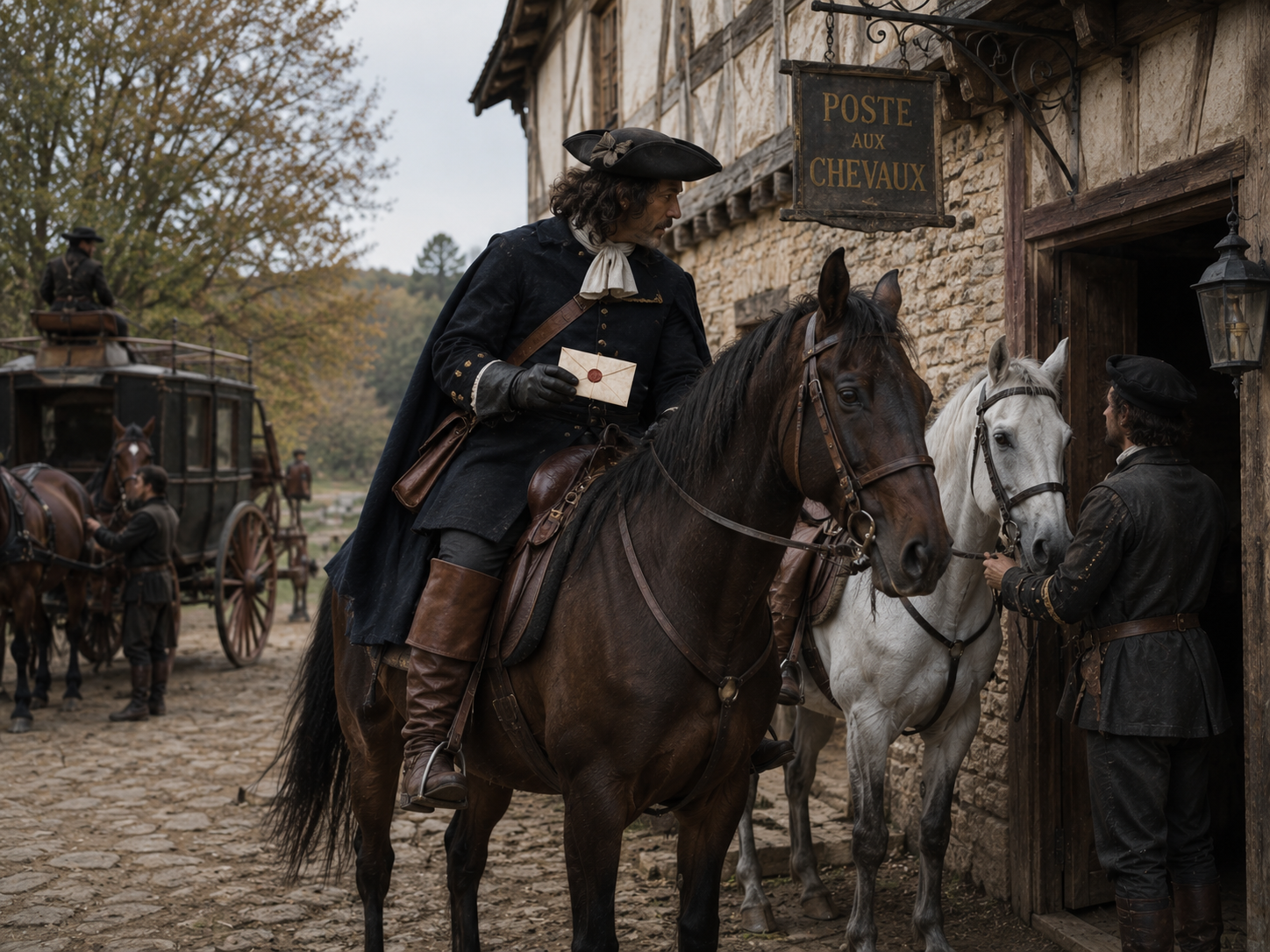 A mounted courier changes horses at a roadside posting station to continue a long journey quickly.