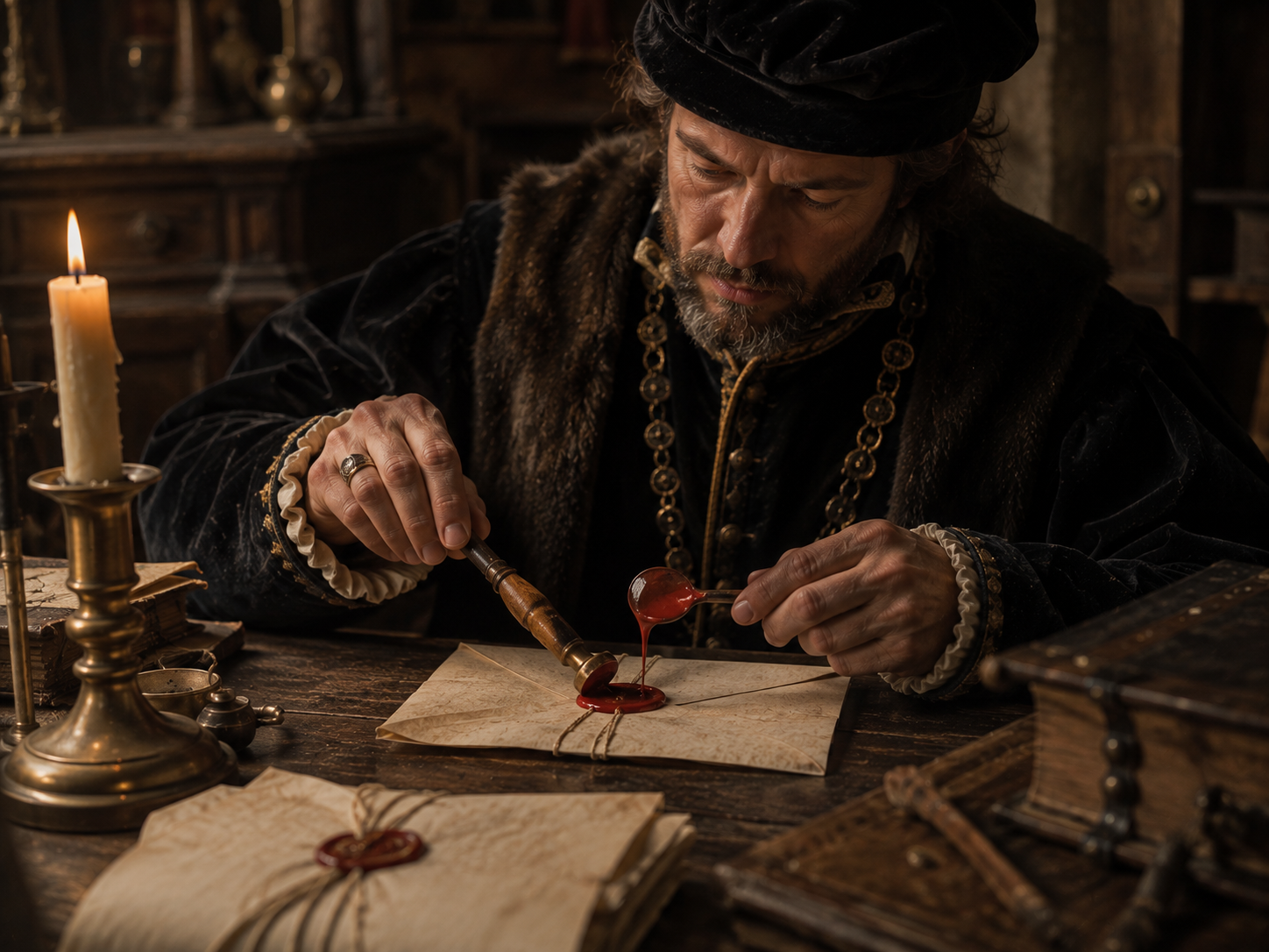 An official seals a confidential letter with hot wax before sending it by messenger.