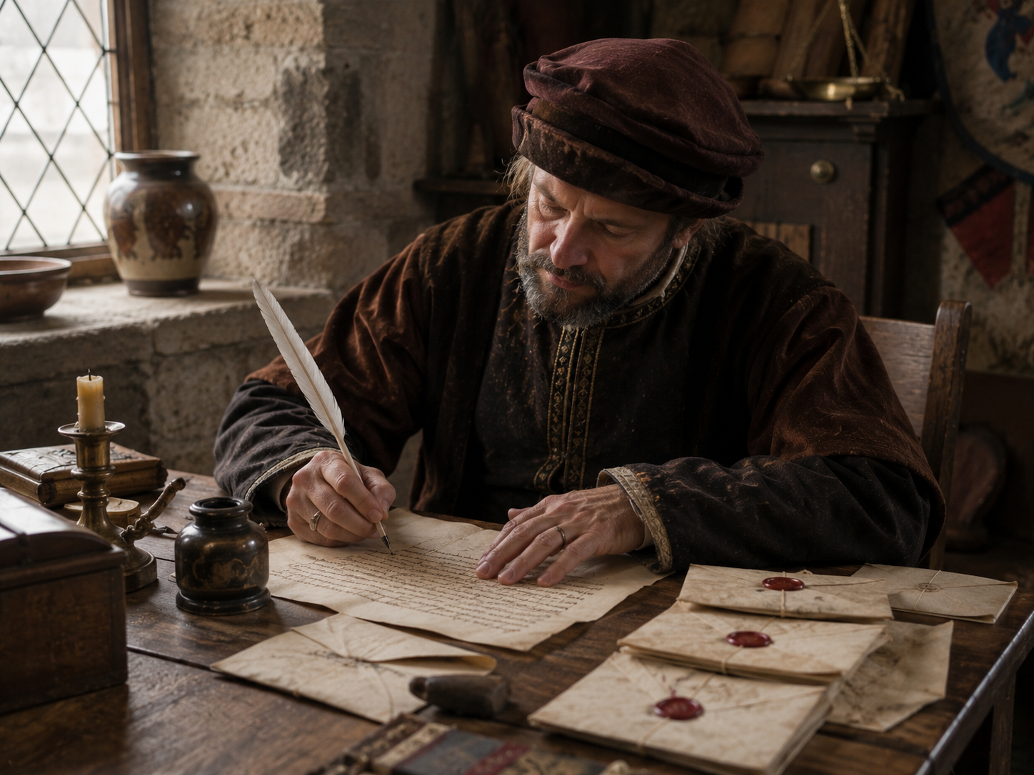 A medieval merchant writes a letter beside an ink pot, parchment and other sealed messages.