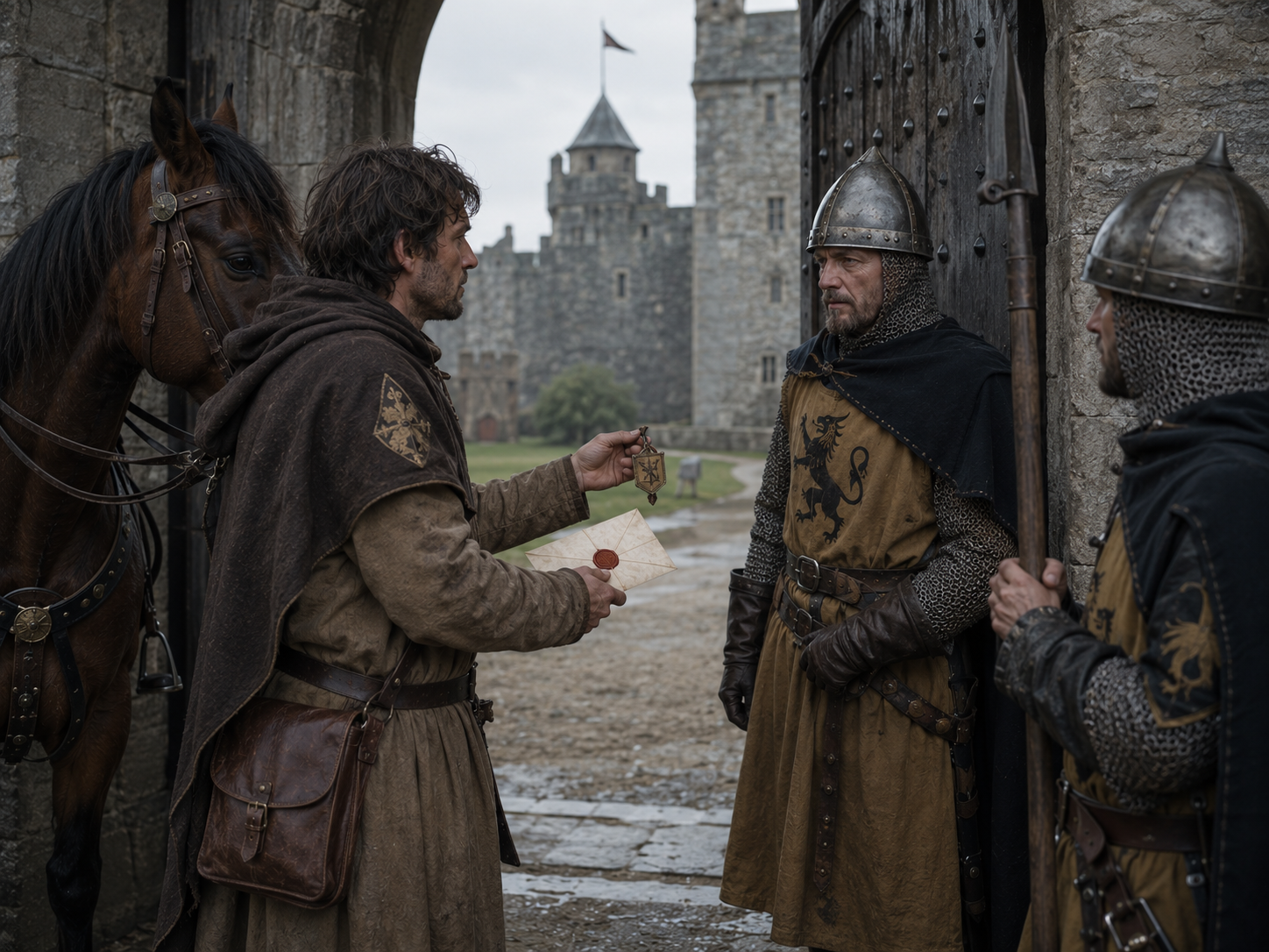 An official medieval messenger proves his identity to guards at a castle gate.