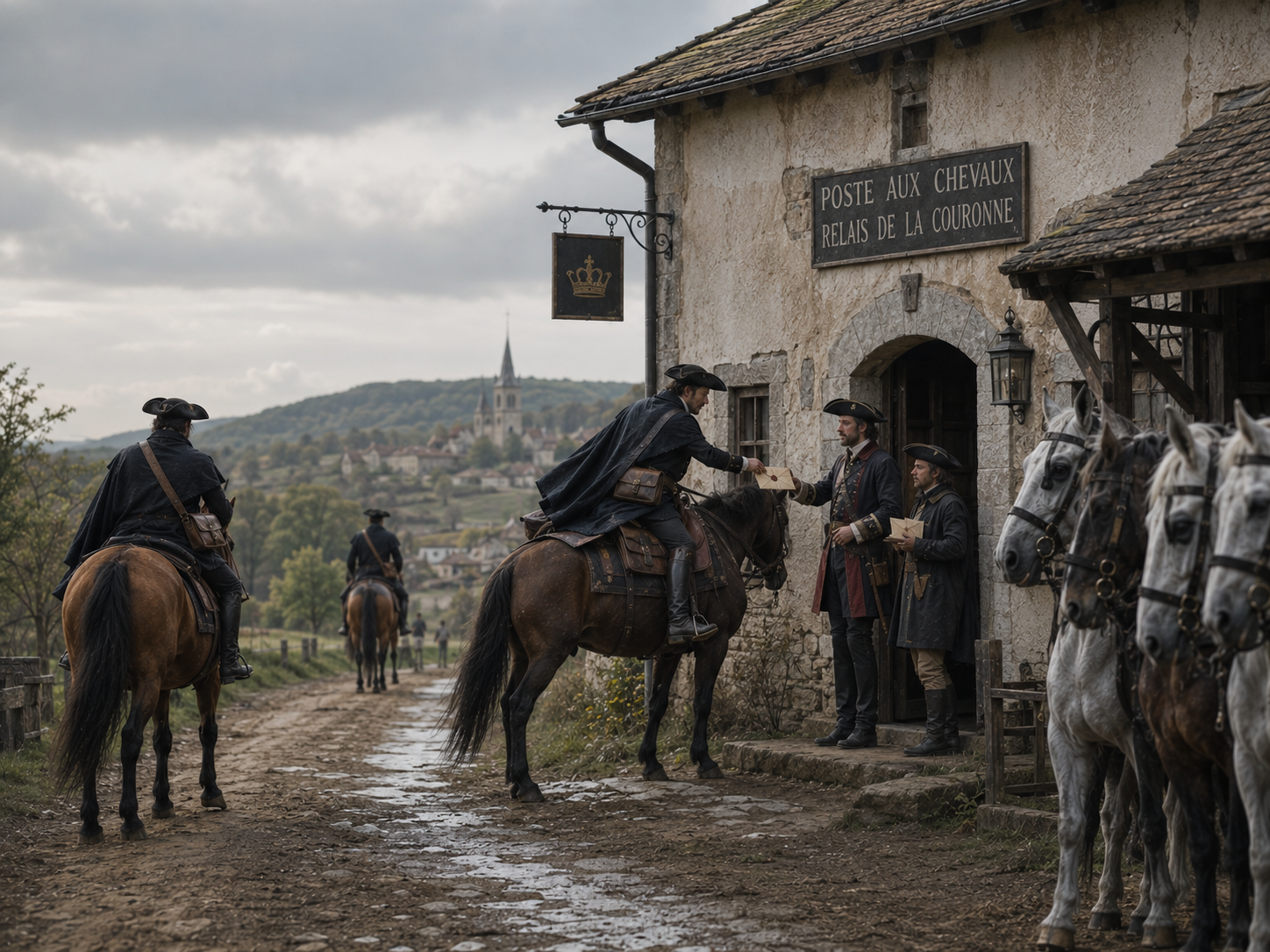 Mounted couriers and officials move letters through an early-modern postal network of roadside stations.