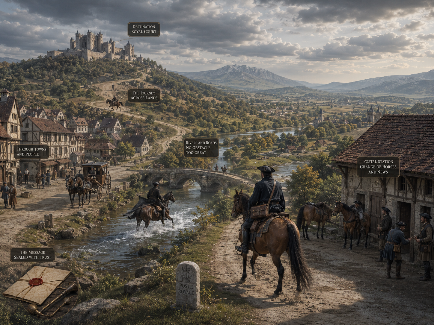A historical communication journey shows a message traveling across roads, rivers, towns and postal stations.