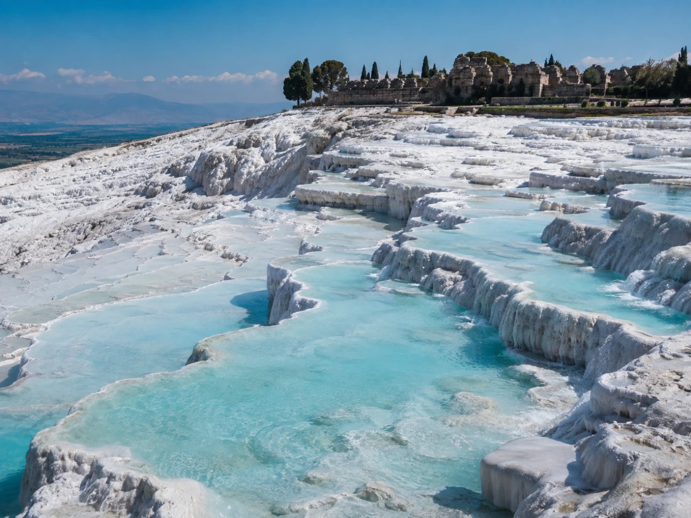 White travertine terraces and thermal pools spread across the hillside of Pamukkale beneath the ancient ruins of Hierapolis.