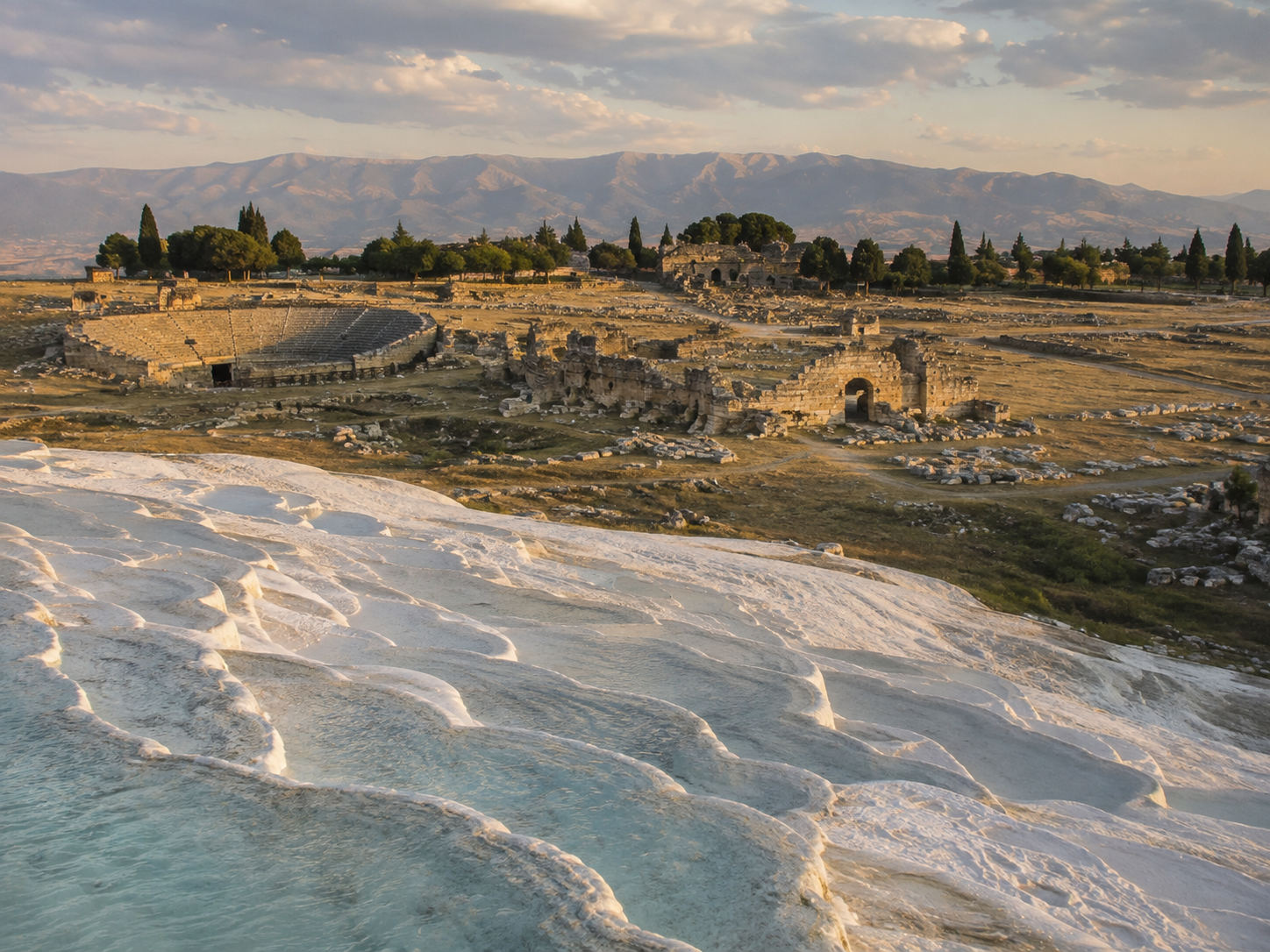 Ancient Hierapolis ruins spread across the plateau above Pamukkale’s white terraces.