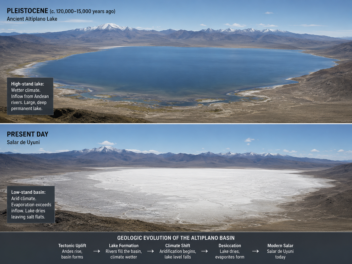 Geological scene showing the ancient lake system that preceded the modern Salar de Uyuni salt flat.