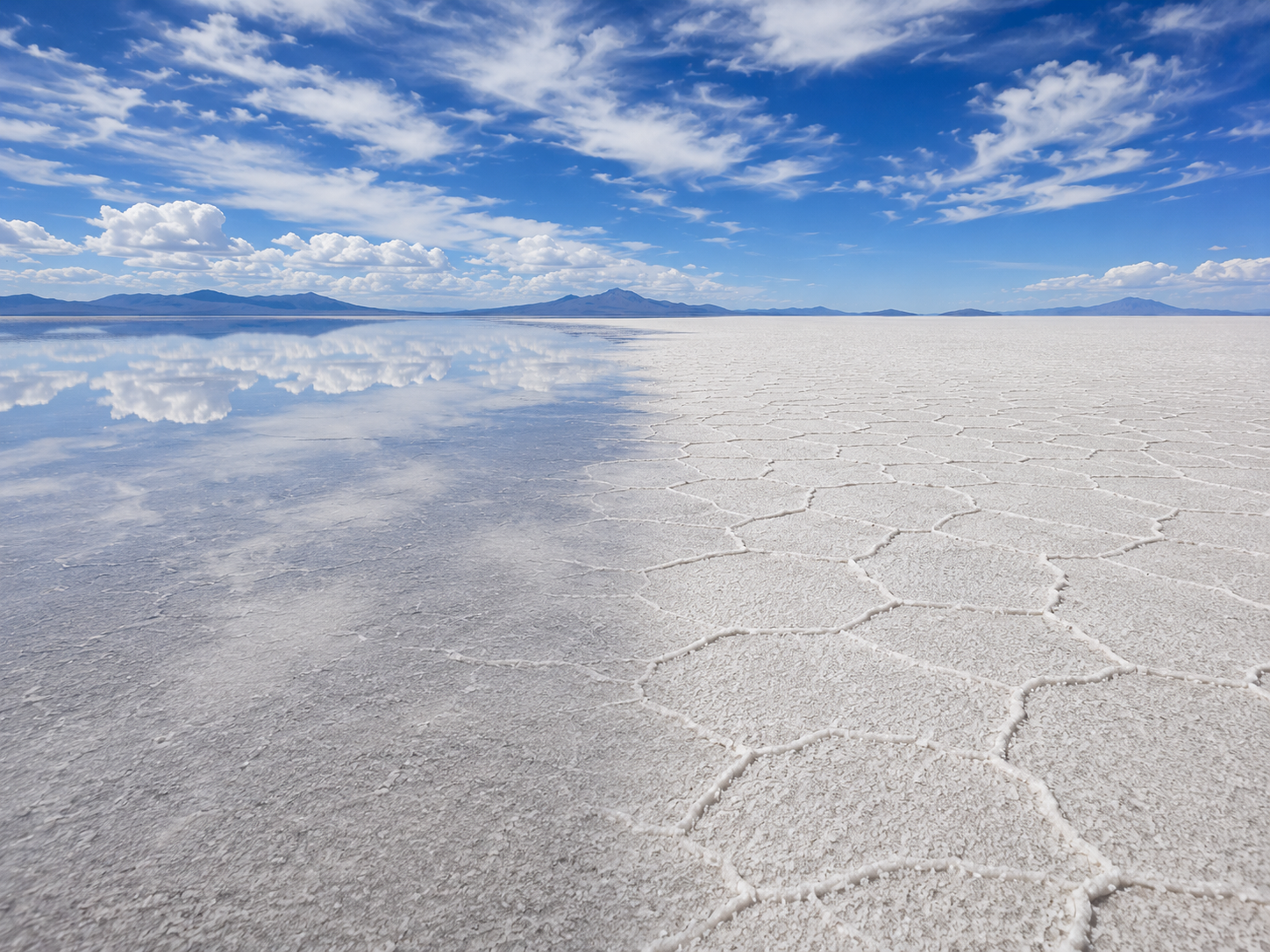 Wet reflective water transitions into dry polygonal salt crust across Salar de Uyuni.