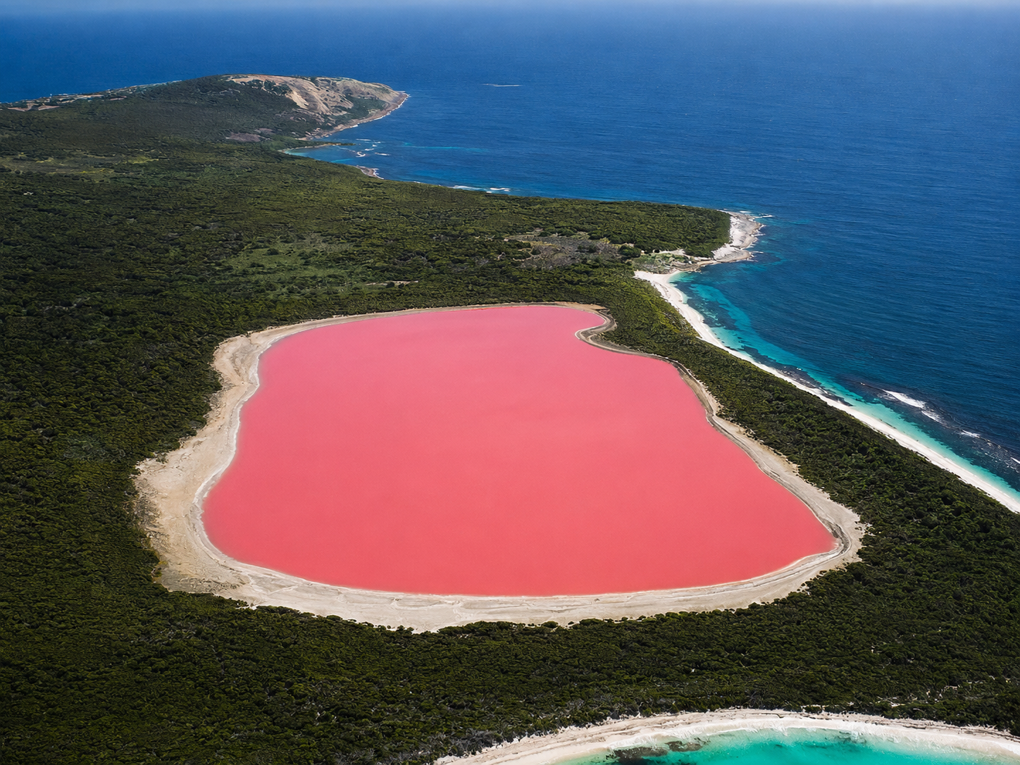 Lake Hillier appears bright pink beside the blue ocean on Middle Island in Western Australia.